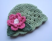 Hand Crocheted Scalloped Beanie Hat for infant/toddler girls-Celery with Rose Pink flower, sage green leaves