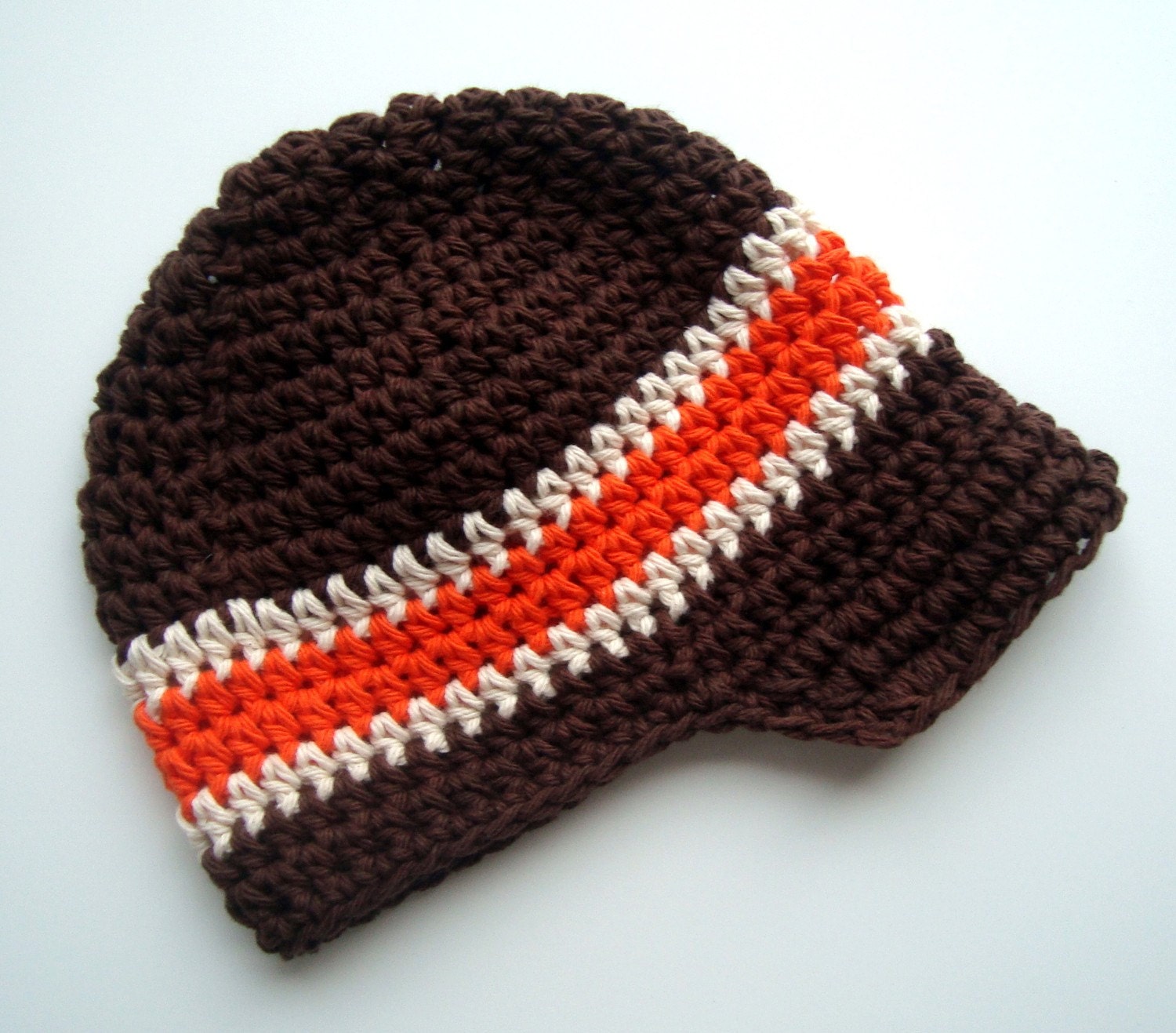 Baby/Infant/Toddler/Boys Crochet Visor Beanie-Chocolate Brown, White, Orange-MADE TO ORDER