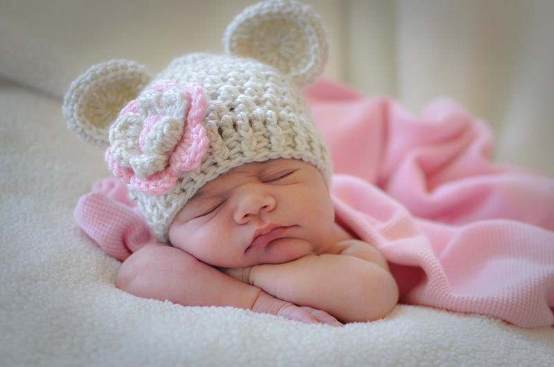 Baby Girl Crochet Hat, Crochet Baby Hat, Beanie Hat with ears and Flower, 0-3, 3-6 or 6-12 months-MADE TO ORDER