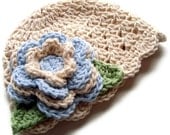 Hand Crocheted Beanie Hat for infant/toddler girls-Ecru/Light Blue/Sage Green-MADE TO ORDER