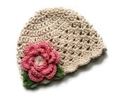 Crochet baby Hat with Flower, Girls Crochet Summer Hat, Ecru with rose flower, sage green leaves-MADE TO ORDER