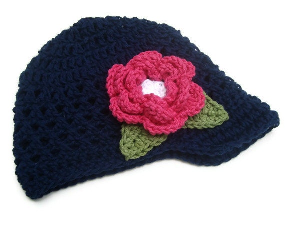 Baby Girl, Crochet Baby Girl Hat, Visor Hat, Navy Blue and Hot Pink,  Cotton, MADE TO ORDER