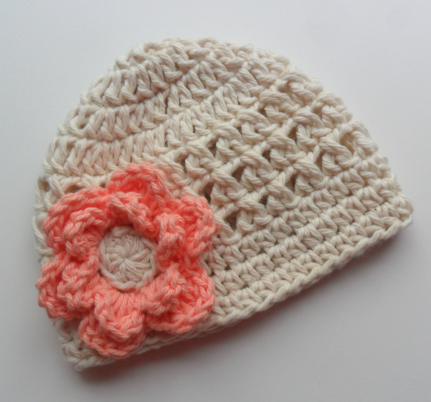 Crochet baby Hat, Girls Cotton Beanie Hat, Ecru and Coral, MADE TO ORDER