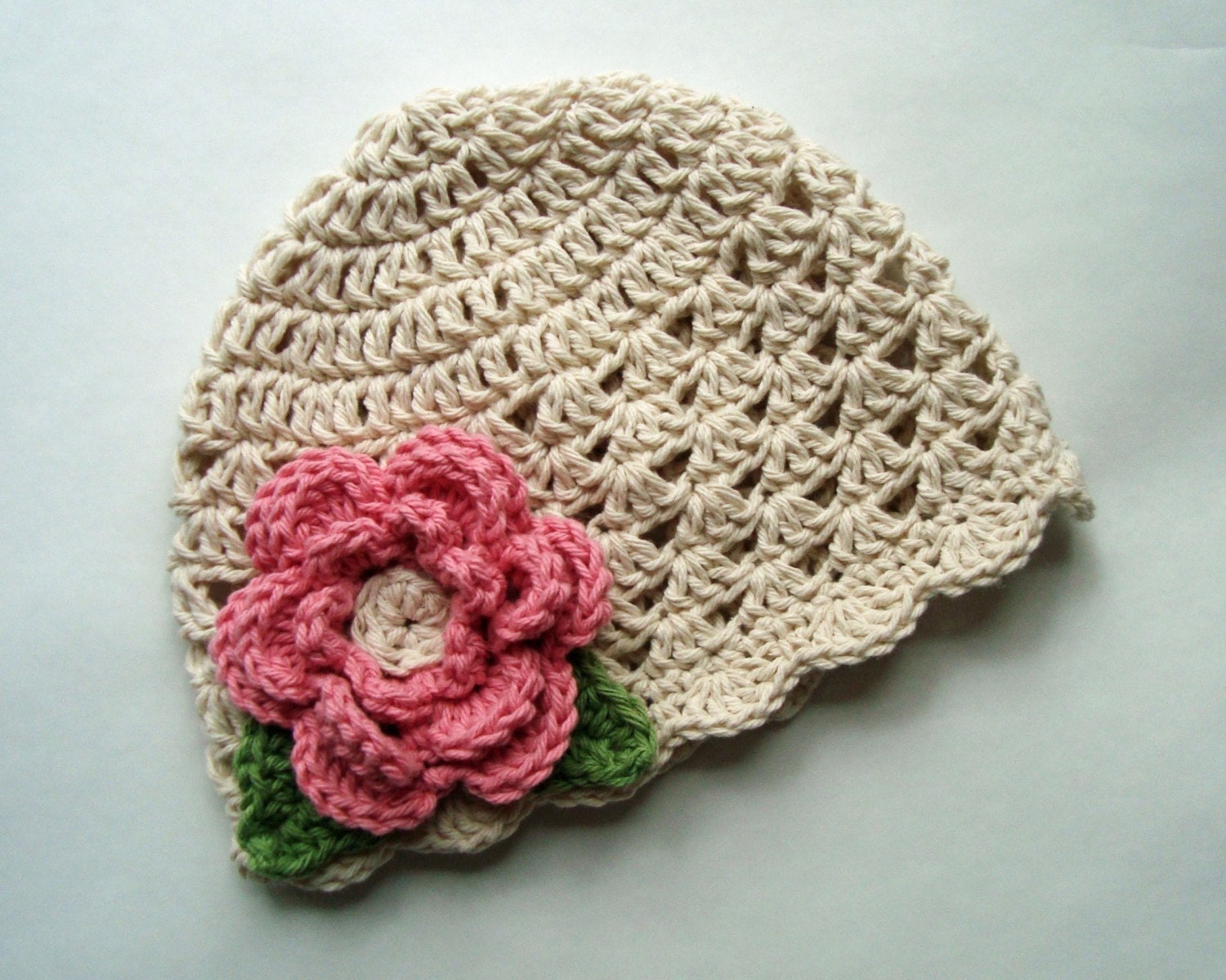 Baby Girl Crochet Beanie Hat, Cotton Baby Hat, Ecru with Rose Pink Flower-MADE TO ORDER