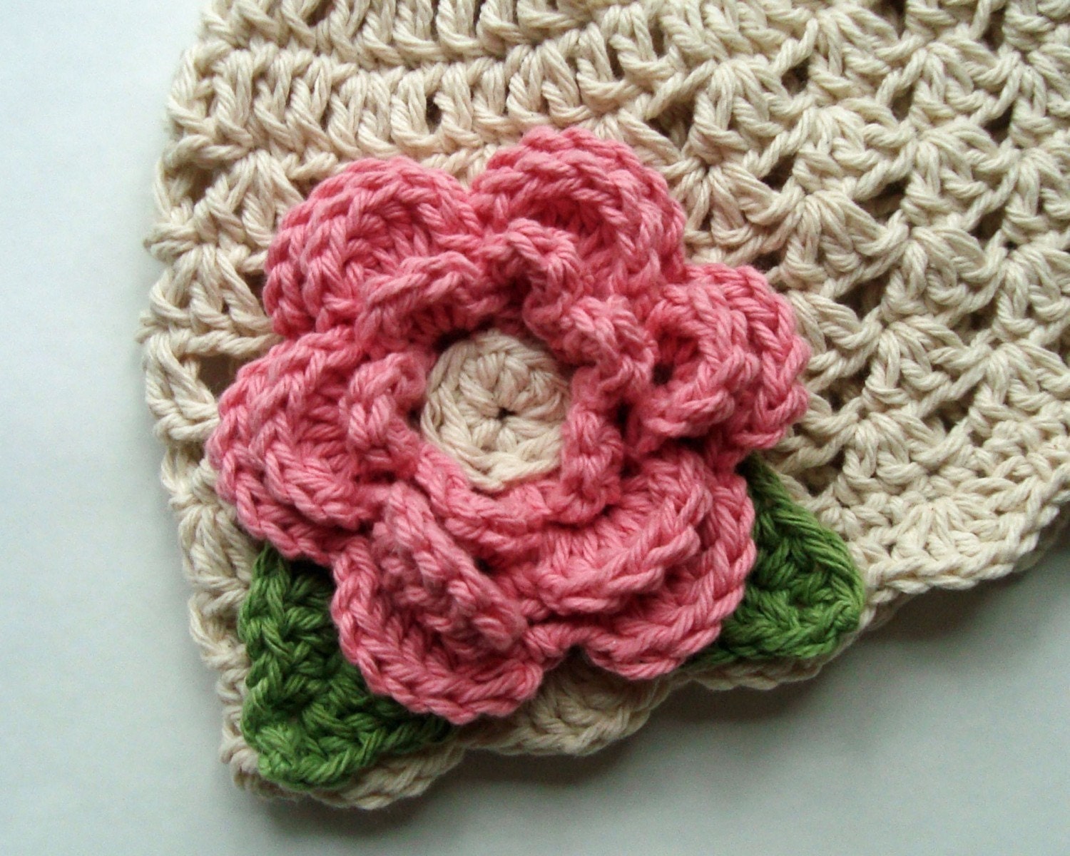 Baby Girl Crochet Beanie Hat, Cotton Baby Hat, Ecru with Rose Pink Flower-MADE TO ORDER