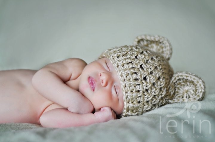 Adorable Crocheted Hat with Ears-perfect for photos-Wheat-MADE TO ORDER
