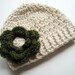 Adorable Crocheted Baby Girl Beanie Hat With Flower-Oatmeal with pine green flower-MADE TO ORDER