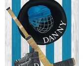 Hockey Vintage Sports Collection / Ice Hockey Puck Skates Wall Hanging Blue Bedroom Boy Teens Bedding Wall Decor Personalized