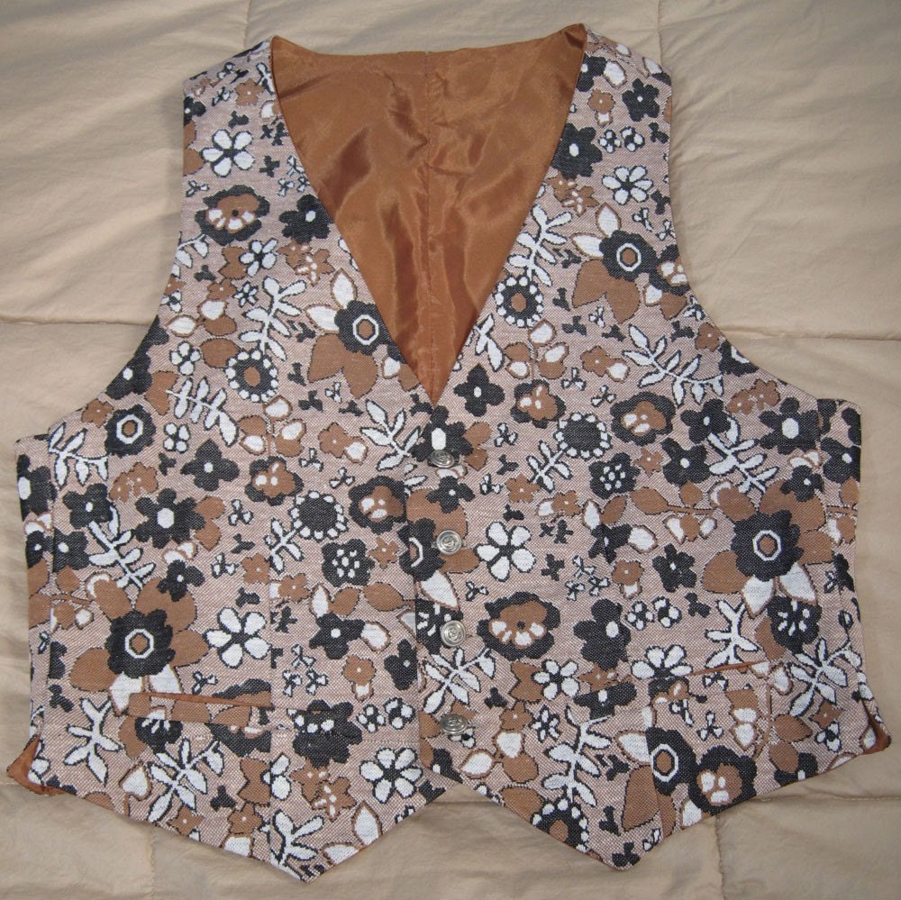 Beige print flower power handmade man's vest from the early 70s