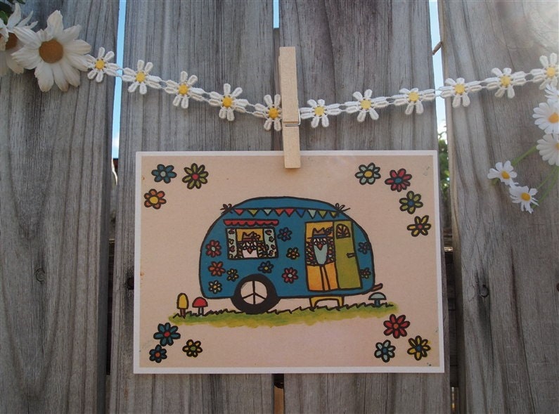Peace Owl Retro RV Camper Adventure Mobile 5 x 7 print