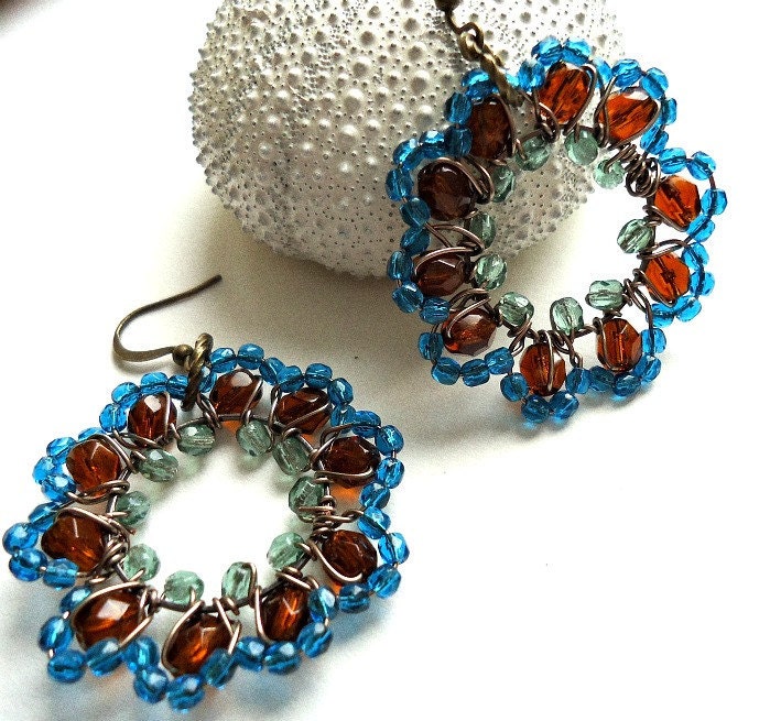 Hoop Earrings, Teal, Drop, Bohemian Jewelry, Amber, Beadwork, Handmade, Dangle, Cocktail, Statement, Beaded, Wire Jewelry, Hooped Earrings