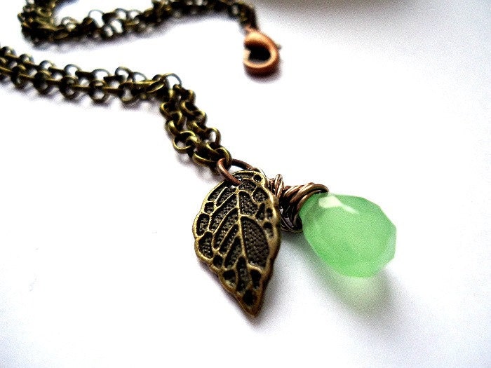 Beadwork, Teardrop, Jade Briolette, Green, Leaf Necklace, Copper Chain, Leaf, Olive Green, Wire Wrapped Pendant, Designer Bohemian Jewelry