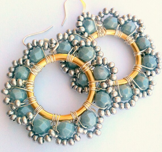 Pale Blue Earrings, Statement Earrings, Intricate Beadwork, Beaded, Dangle, Hoops, Handmade, Holiday, Unique Earrings, Cocktail,