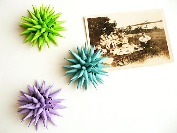 Art Magnet Nature Stars Urchins Flowers Spiky Magnetic 3D Modern Home Decor - Special Set of THREE 2 inch - Teal Blue Green Lavender