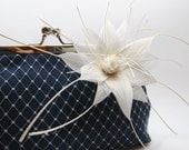 Bridal or Bridesmaids Deep Blue Clutch with White Feather Flower Brooch / hair clip 8-inch