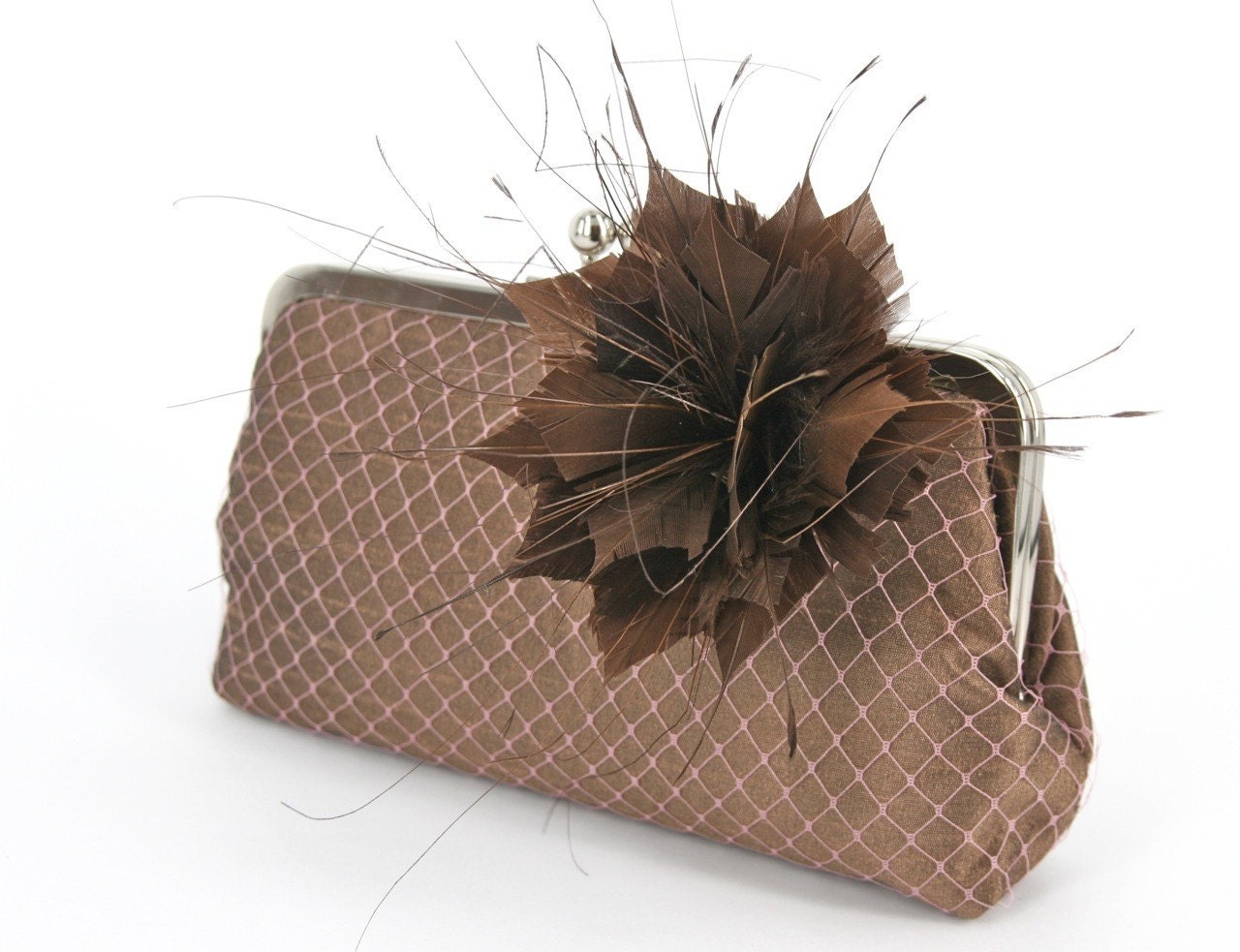 Brown Bridesmaids Clutch with Handmade Feather Flower Brooch / fascinator 8-inch WINTER GARDEN PASSION