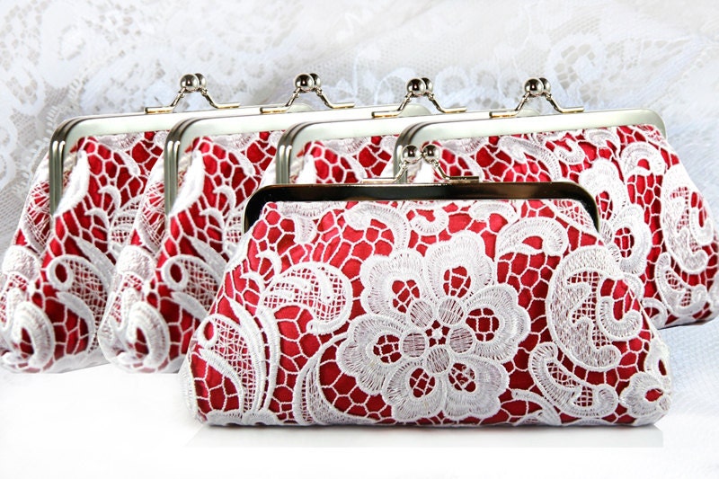 Bridesmaids White Lace Clutch in Red 8-inch L'HERITAGE (with boxes)