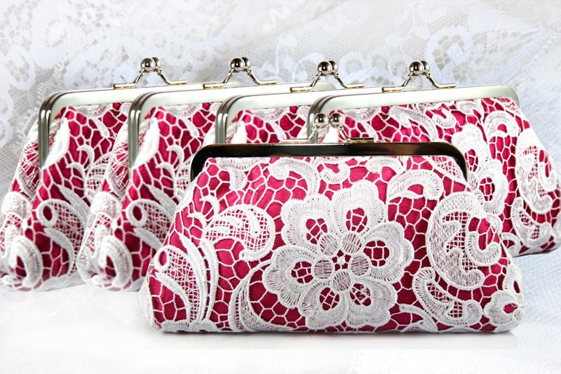 Bridesmaids White Lace Fuchsia Clutch 8-inch L'HERITAGE