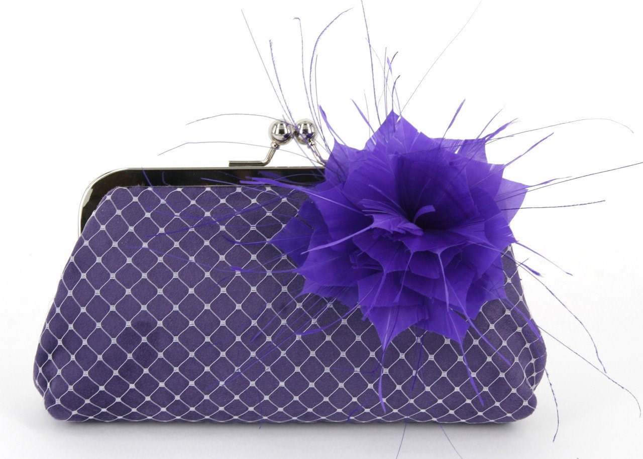 Bridesmaids or bridal Purple Clutch with Feather Flower brooch / hair ornament 8-inch WINTER GARDEN