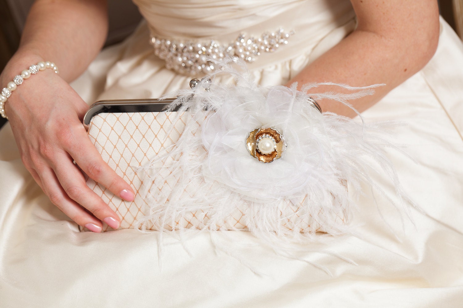 Champagne Clutch with Organza Flower with Rhinestone Pearl Centre 8 inches CAMELLIA PASSION