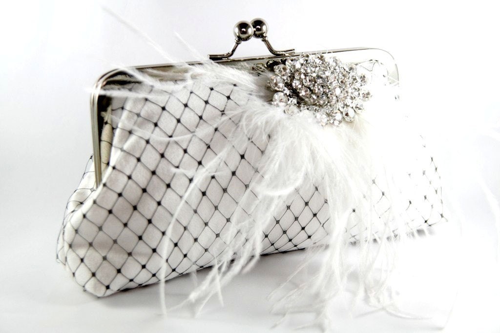 White Bridal Clutch with Rhinestone and Ostrich Feathers 8-inch PASSION