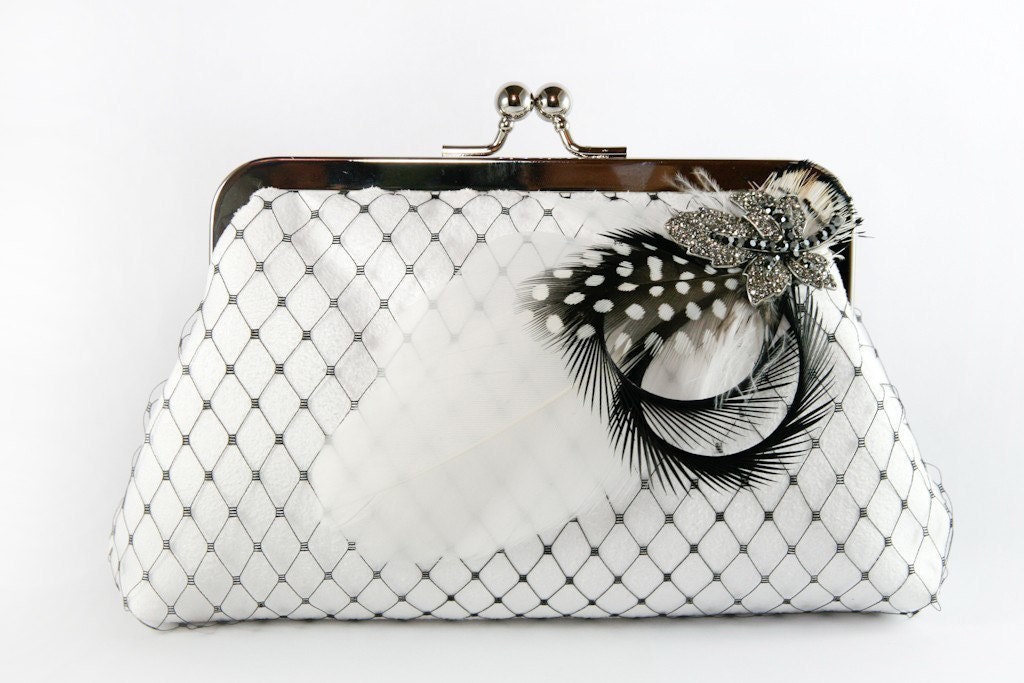 Bridal Clutch with Black and White Rhinestone Feather Brooch 8-inch
