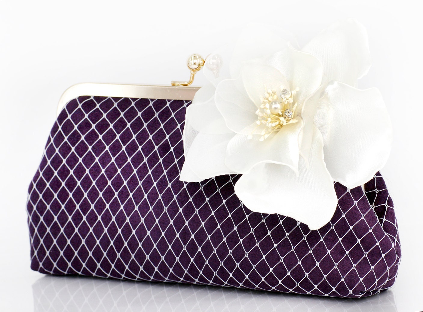Purple Eggplant Bridal Bridesmaids Clutch with Silk and Organza Flower Brooch in Ivory - 8 inches PASSION