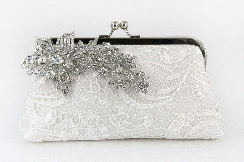 Ivory Bridal Lace Clutch with Rhinestone Lace Brooch 8-inch LHERITAGE