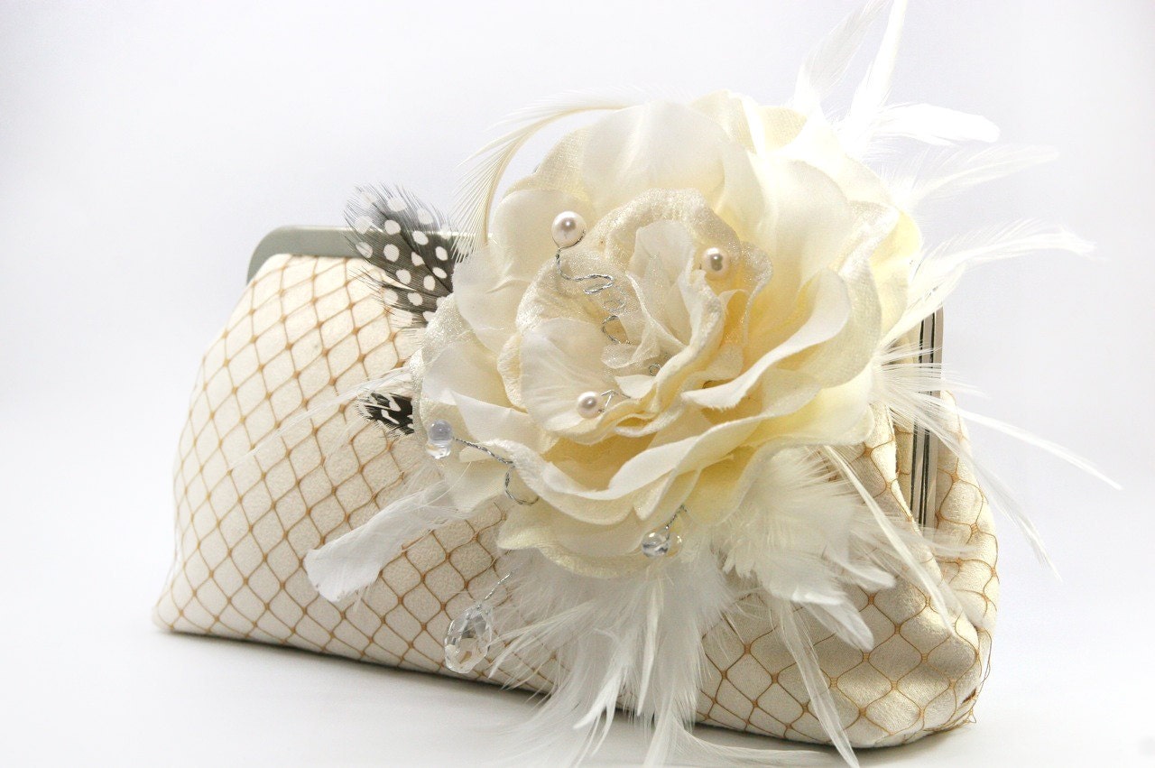 Champagne Bridal Feather Clutch with Ivory Velvet Flower 8 inches ROSE PASSION