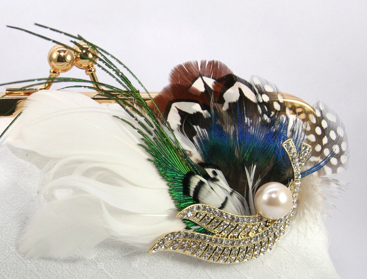 Bridal Clutch Bag in white with peacock feather brooch - 8-inch PEACOCK PASSION