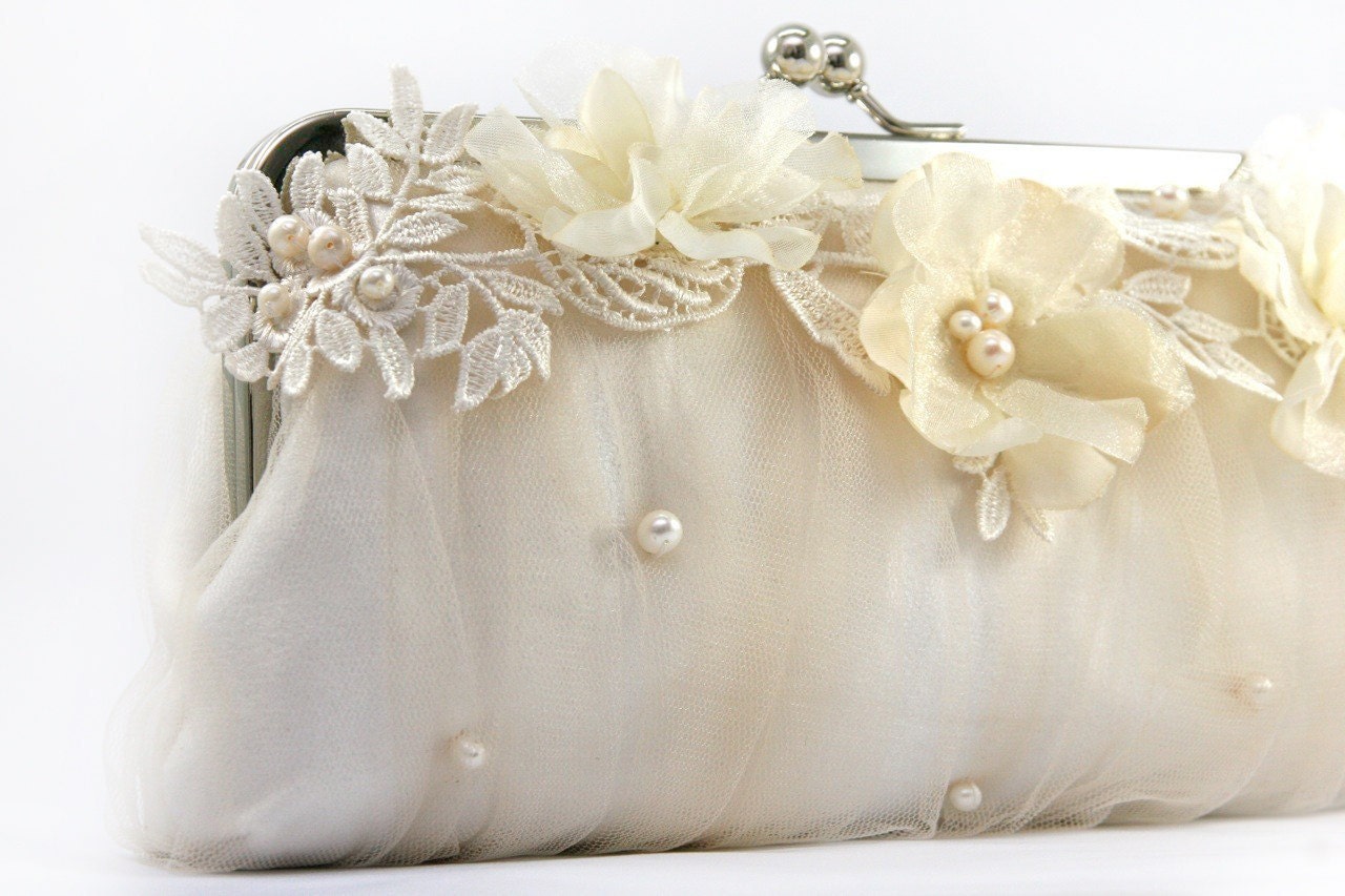 Bridal Clutch with Alencon Lace Organza Flower in Champagne 8-inch LAFORET