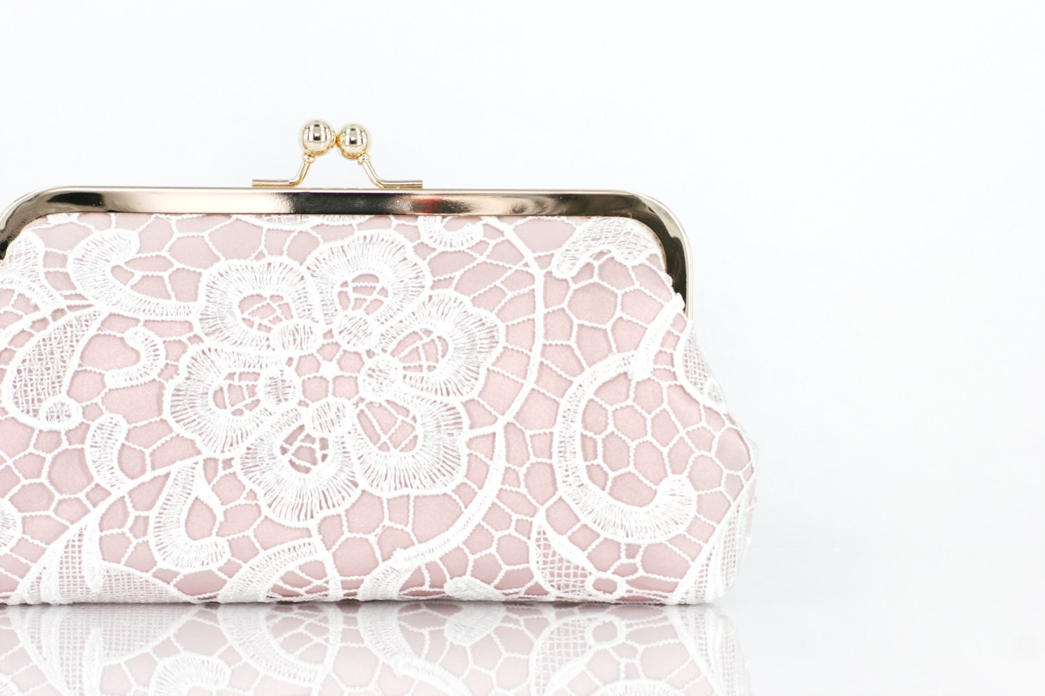 Bridal Blush Pink Clutch with White Lace Overlay 8-inch L'HERITAGE