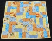 Quilted Table Topper: Centerpiece Sunshine and Teacups, Yellow and blue, tea time 22.5 x 26, ready to ship, country decor