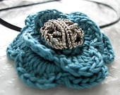 Crochet Necklace, Dark Turquoise Blue Vintage Rope Knot Button Flower Dangle