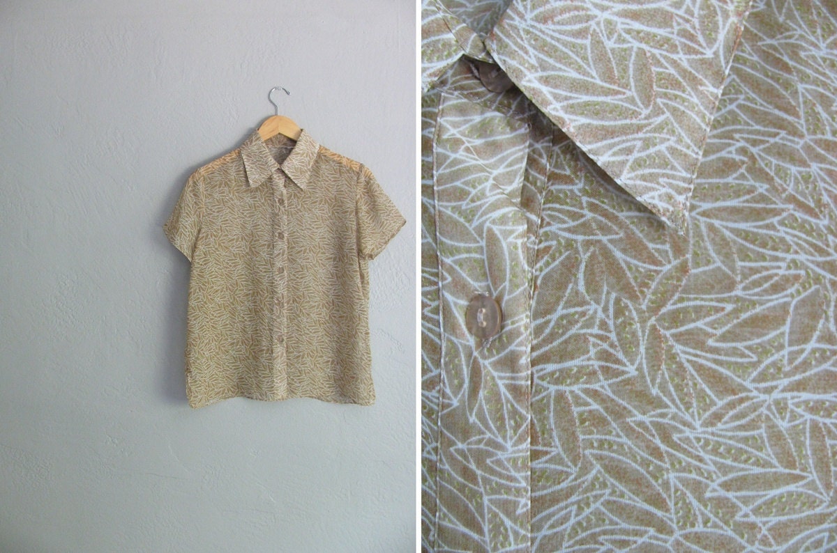 vintage CAMO LEAF print SHEER button-up blouse. size s m l.