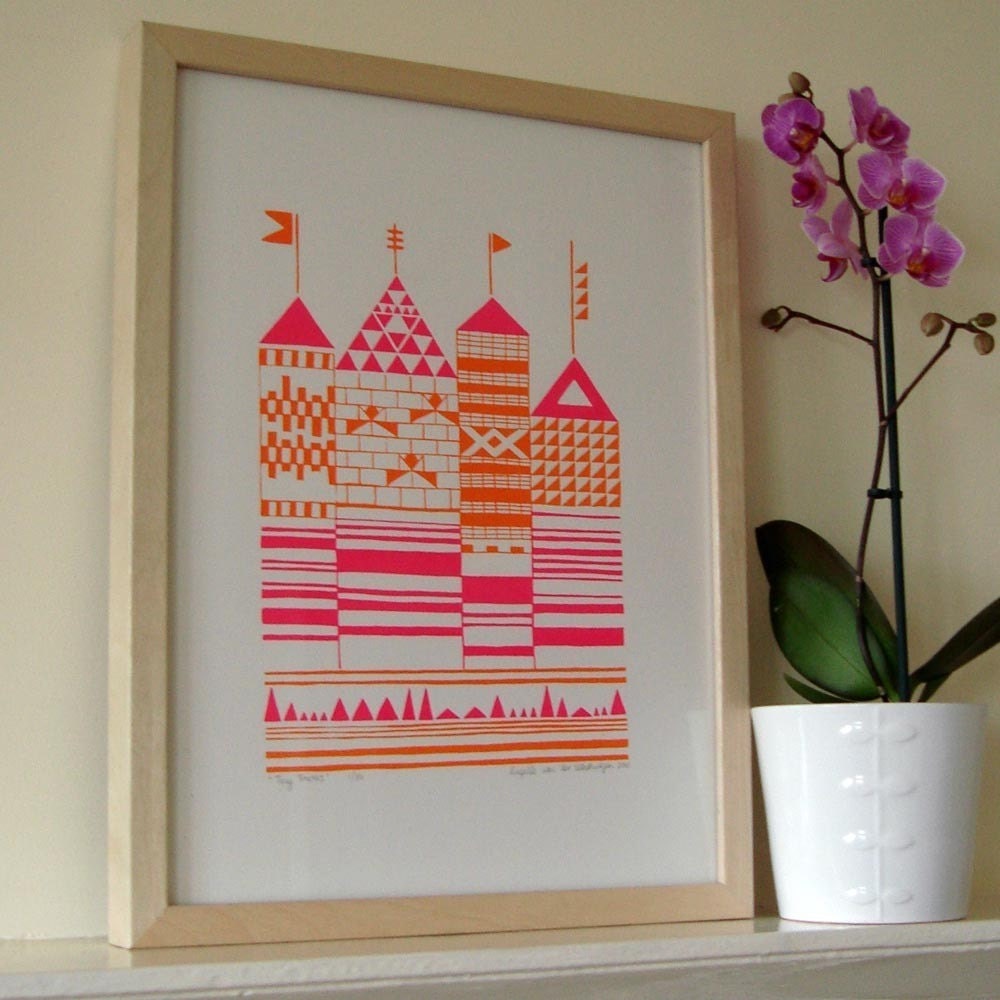 Tiny Towers silkscreen print - orange and fuschia - edition of 50