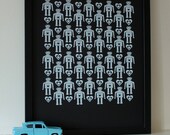 Tiny Retro Robots silkscreen print - white on black