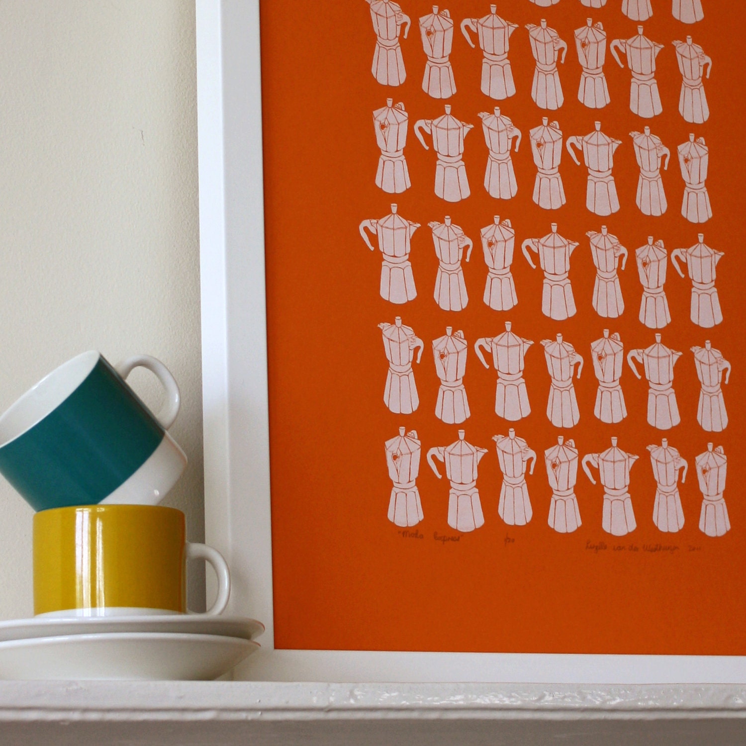 Mini Moka silkscreen print - ltd edition white on tangerine