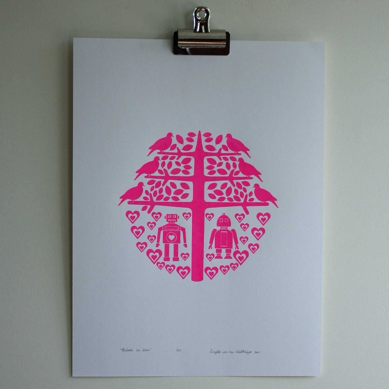 Robots in Love silkscreen print (neon pink)