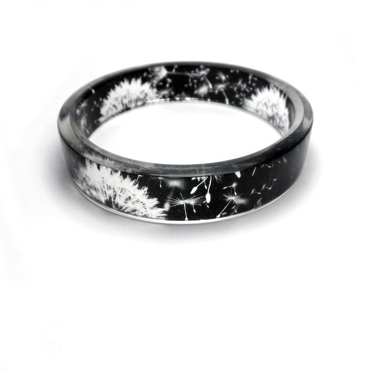 Resin Bangle Bracelet, Dandelion, graphic bangle, embedded photograph, black and white by Buy My Crap