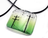 Pendant, resin, Bird on a Wire, embedded photo, graphic design, bright green, birds, telegraph poles, photo pendant, by BuyMyCrap