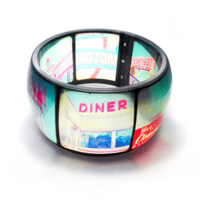 Route 66,  Resin Bangle. Instagram Bangle Bracelet.  Graphic Bangle. Vintage Signage. XL Super chunky style.