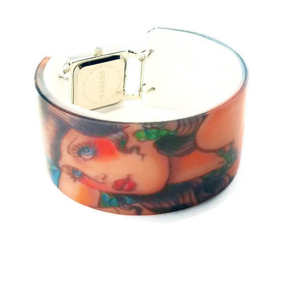Opaque Burlesque PIN UP GIRL, tattoo style, resin bangle Watch.