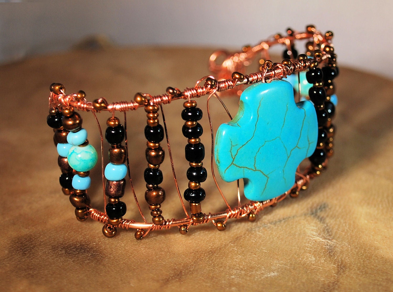 Turquoise Cross Christian Witness Copper Wire Wrapped Native Inspired Bracelet Cuff