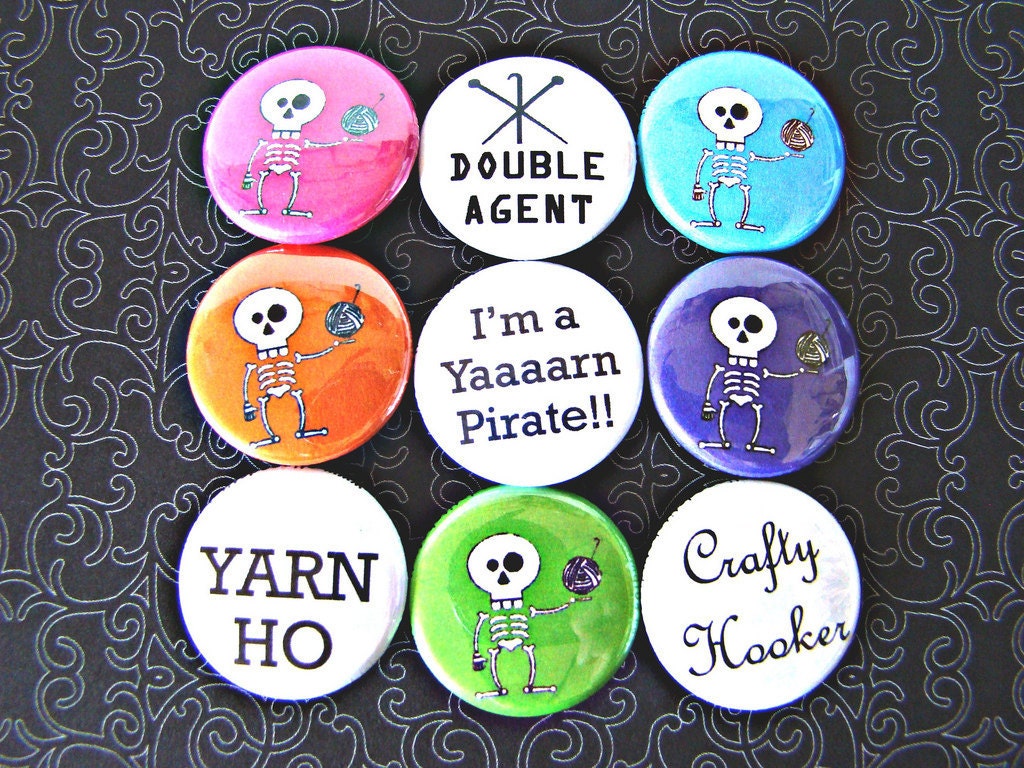 Crochet Yarn Pirate Pin Back Buttons Badges Flair Party Favors - Pack of 9 1" round pinback buttons