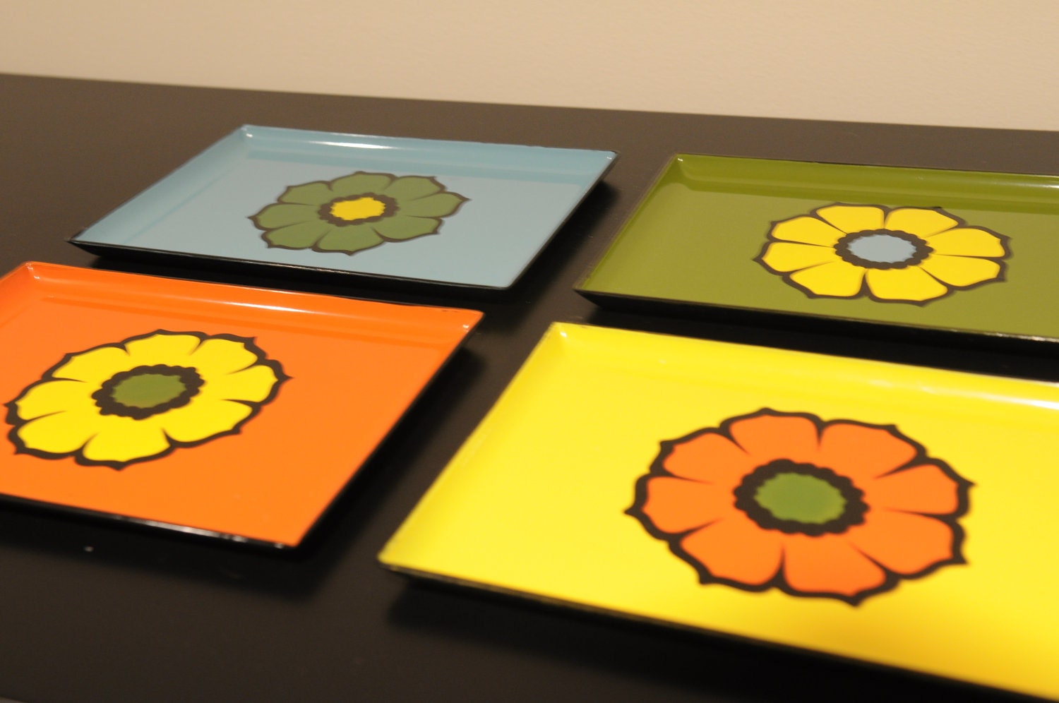 Set of four vintage lacquer ware trays with flower motif