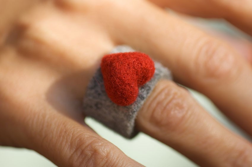 Valentines Day Felted Heart Ring