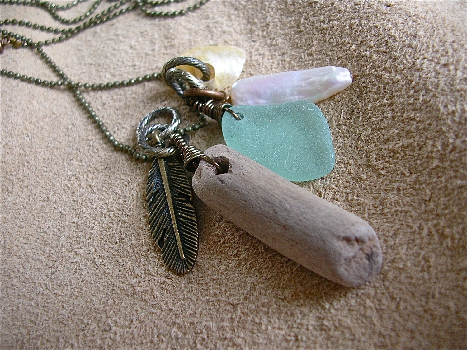 Treasures by the Sea Talisman -- Sea Glass, Driftwood, Pearl, Shell on Antiqued Brass
