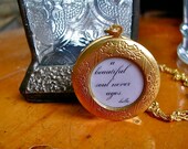 Vintage Style Brass Photo Locket  with Beautiful Soul Quotation on Long Brass Bead Chain - All Rights Reserved