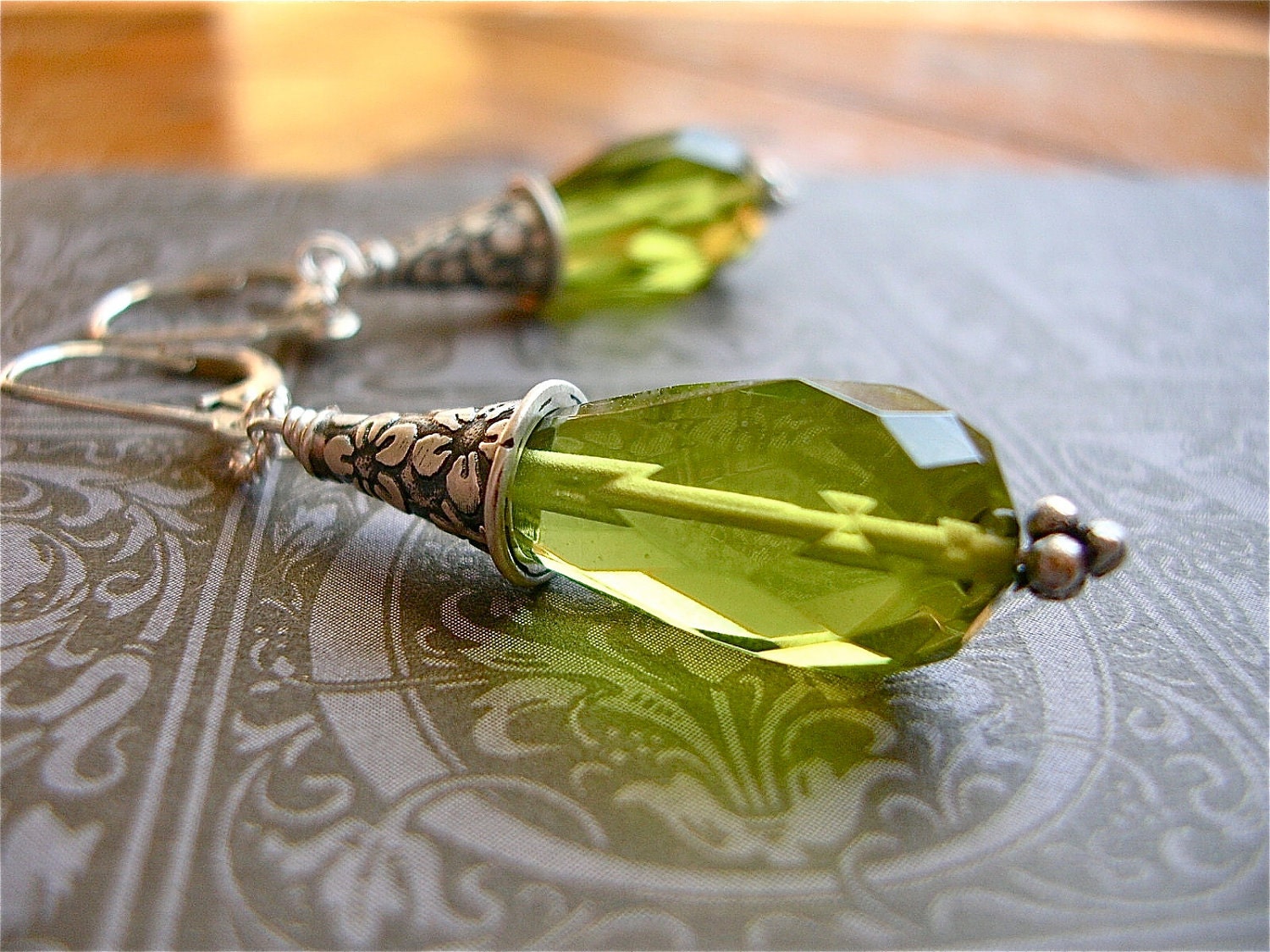 Spring in Your Step Earrings  Spring Green Faceted Drops with Sterling Silver Flower Bead Caps